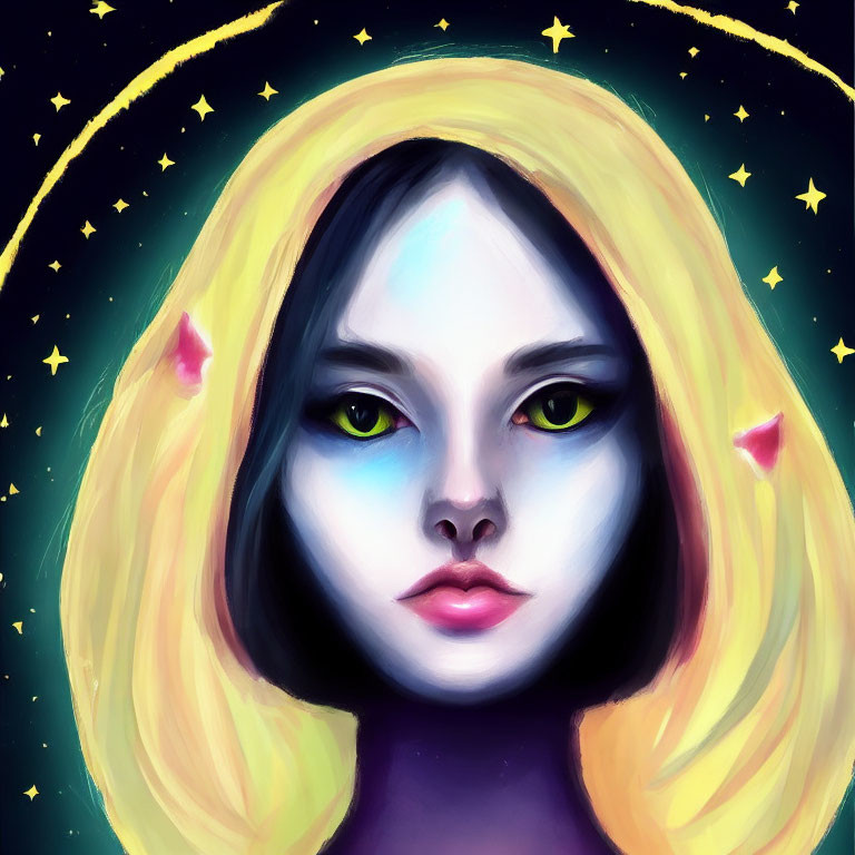 Digital painting of woman with yellow hair, cosmic features, cat-like green eyes, stars, and glowing