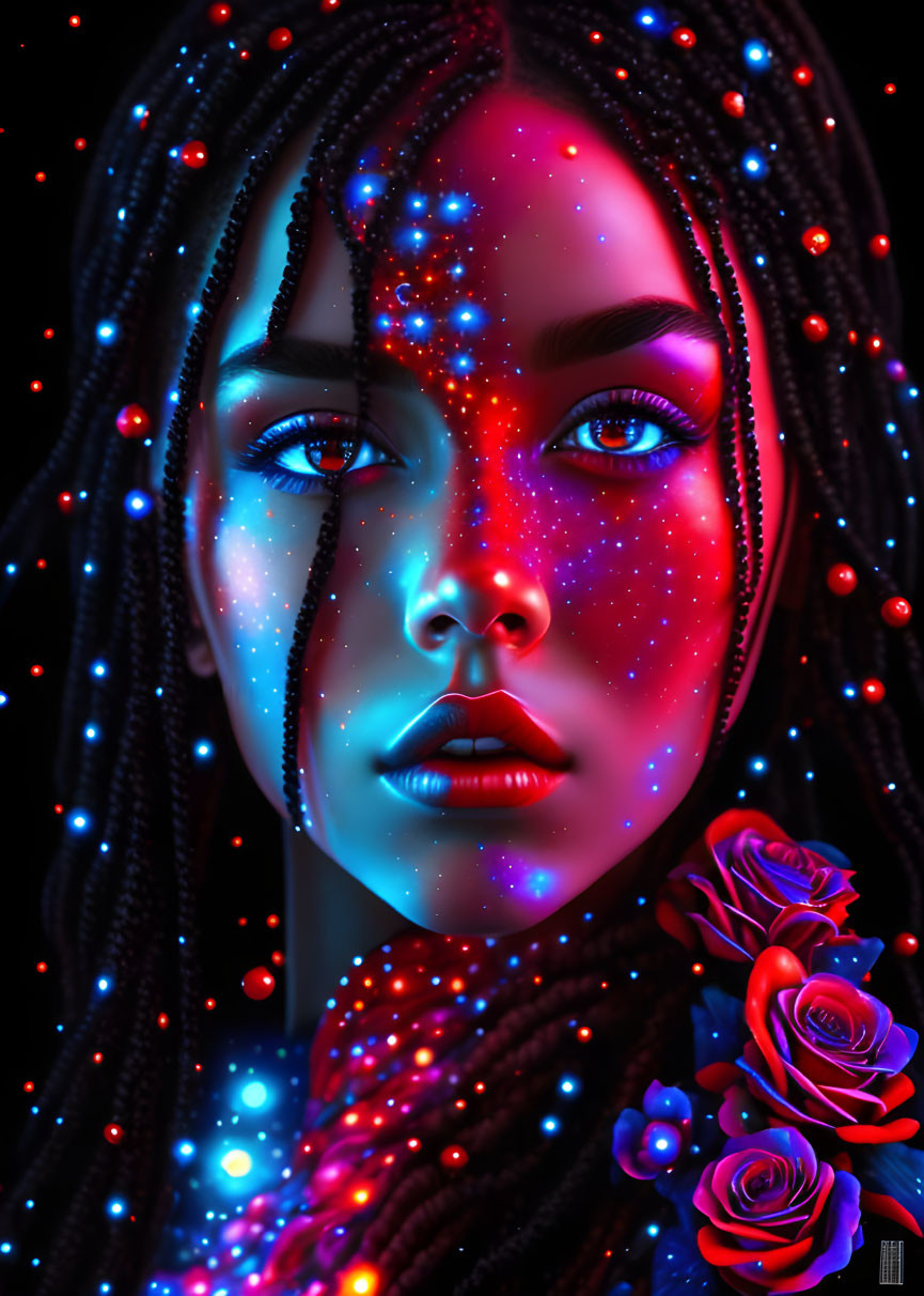 Vibrant blue and red neon lights woman portrait with decorative beads and roses