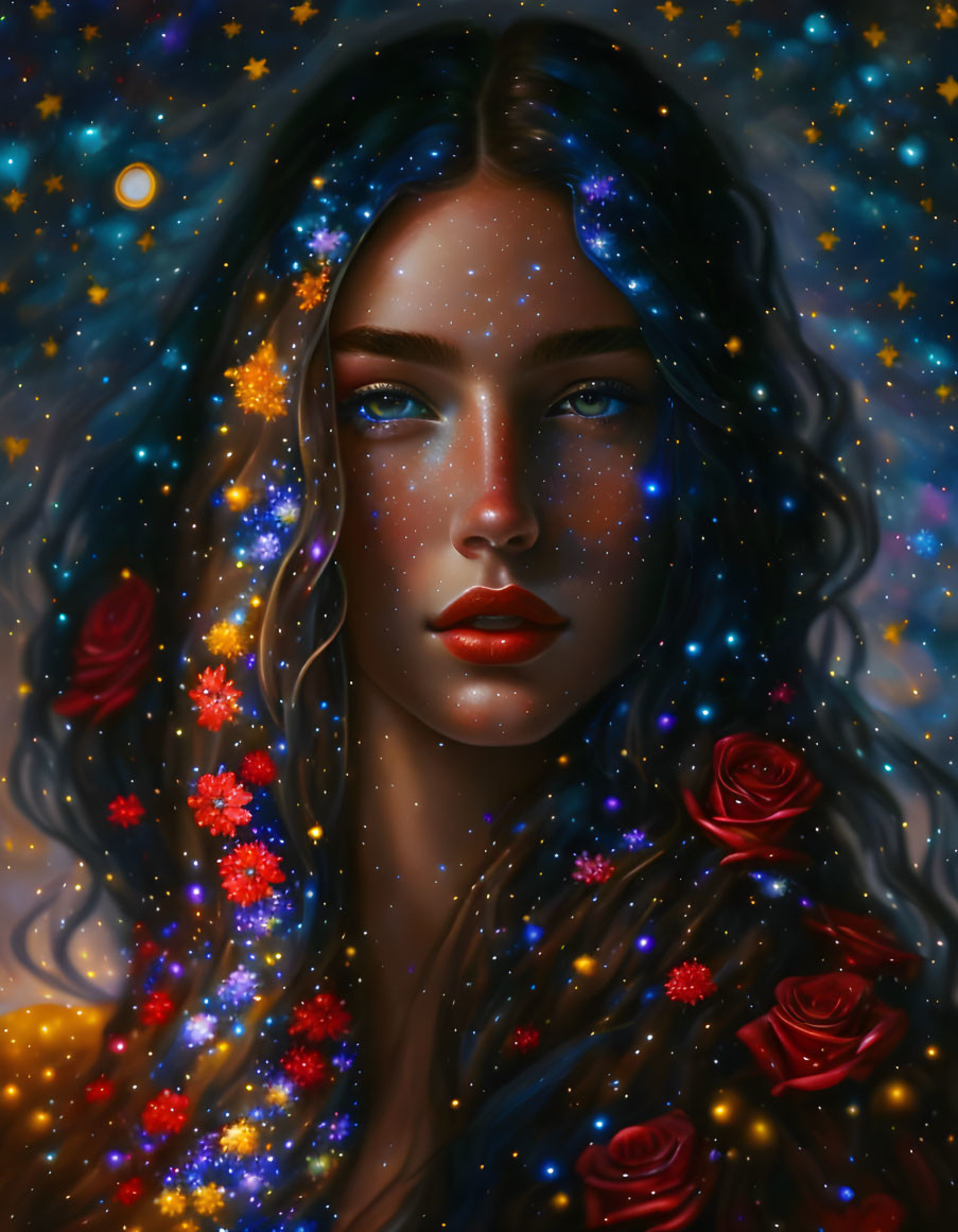 Cosmic-themed digital artwork of a woman with starry hair and red floral accents