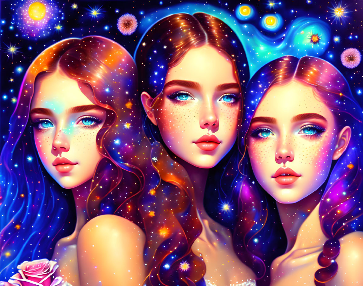 Stylized cosmic-themed women surrounded by stars, planets, and a rose