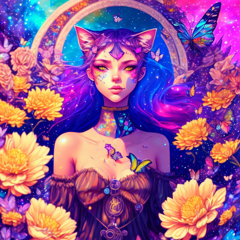 Colorful mythical female with cat ears in floral moonlit scene