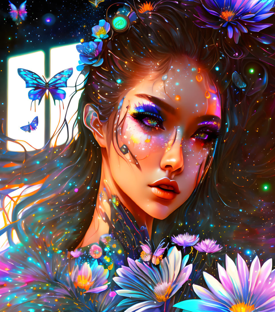 Cosmic-inspired makeup on woman surrounded by glowing butterflies