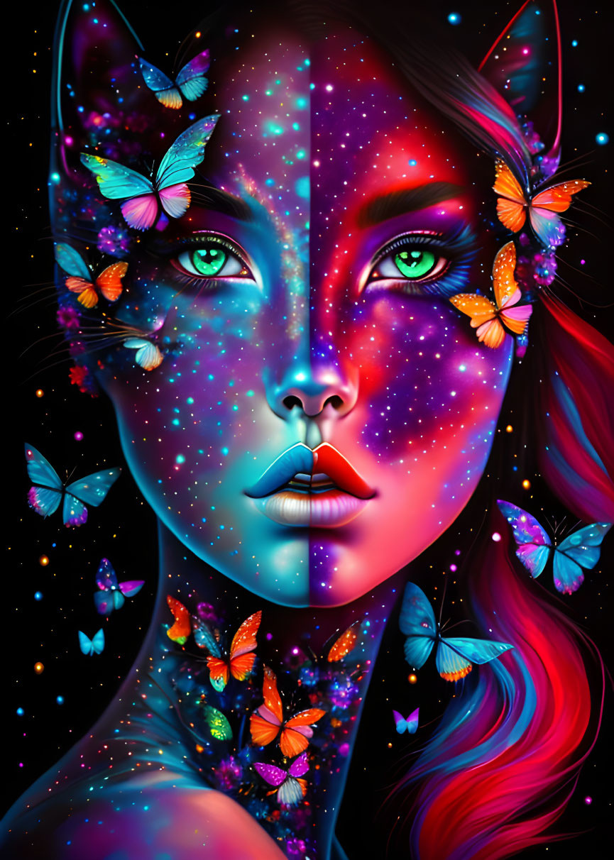 Colorful digital artwork: Woman with cosmic complexion and butterflies