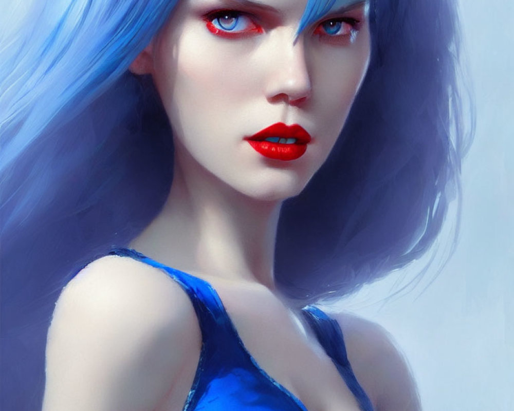 Vibrant digital portrait of a woman with blue hair and red eyes