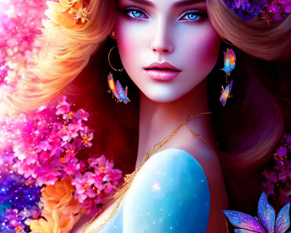 Colorful Woman Illustration with Blue Eyes, Flowers, Butterflies, Stars, and Floral Background