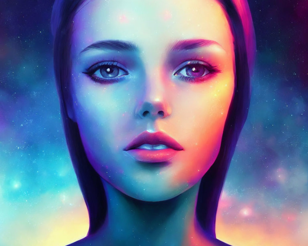 Vibrant digital artwork of a woman with violet eyes in cosmic backdrop