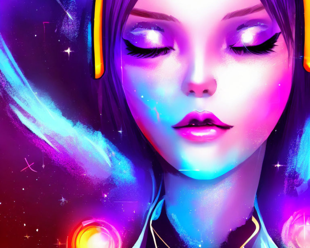 Digital portrait of a woman with closed eyes and headphones against cosmic background.