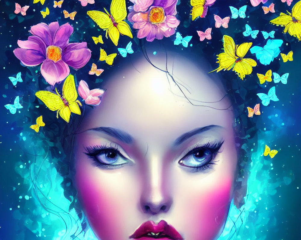 Vibrant woman's face with flowers and butterflies on blue background