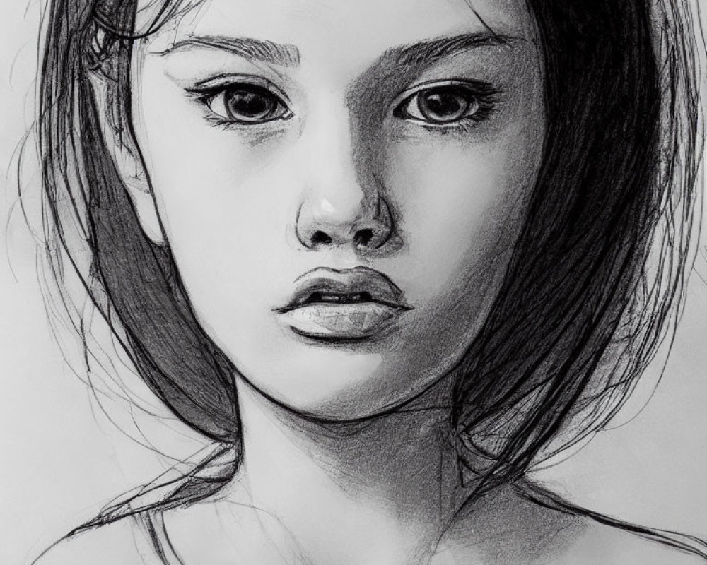 Detailed pencil sketch of young woman with striking eyes and tousled hair