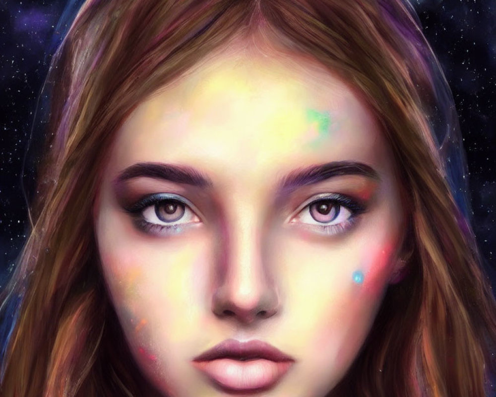 Detailed digital portrait of young woman with brown eyes and cosmic background