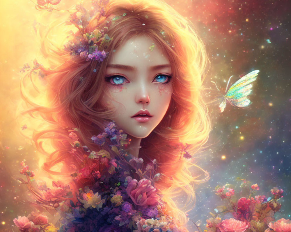 Whimsical young woman with flowers and butterflies on warm backdrop