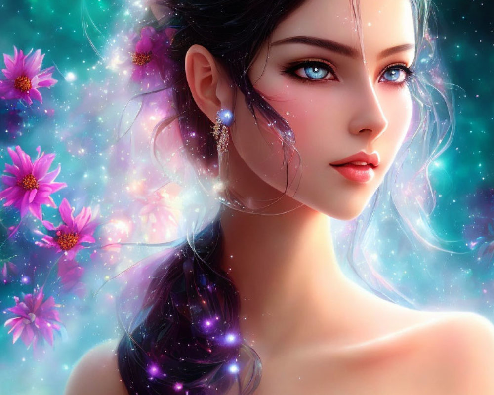 Cosmic-themed digital artwork of a woman with starry hair and pink flowers