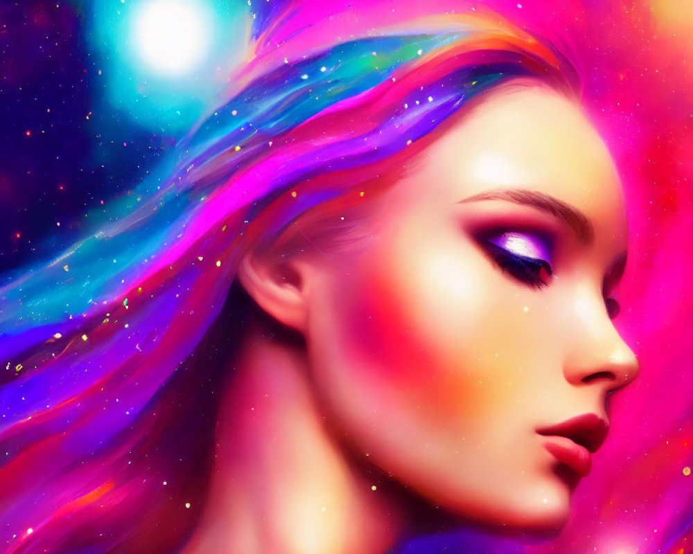 Colorful Digital Artwork: Woman with Galaxy Hair in Cosmic Setting