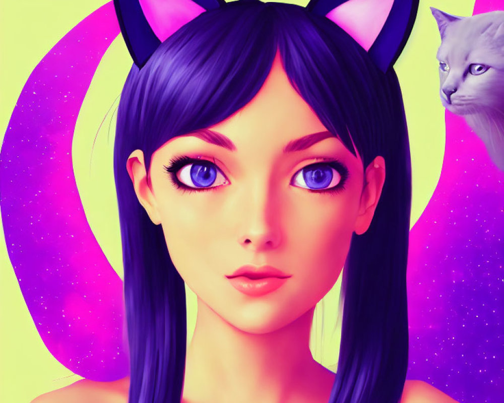 Digital illustration: Female character with blue hair, cat ears, purple wings, grey cat on neon yellow