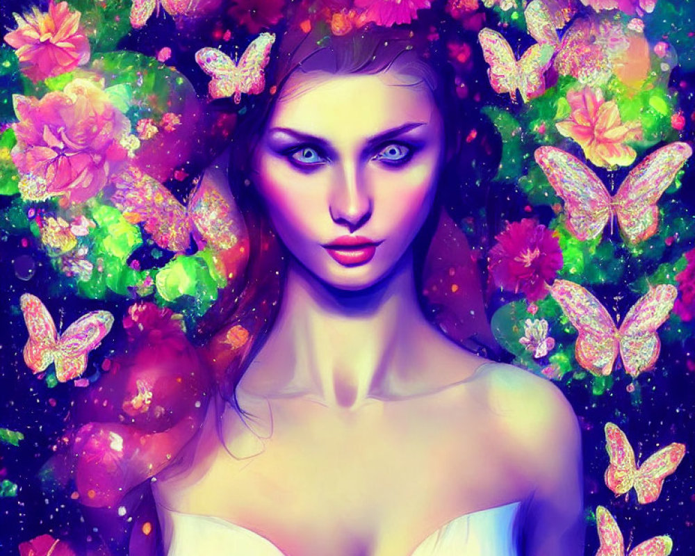 Colorful digital painting of woman with flowers and butterflies in pink and purple hues on starry backdrop