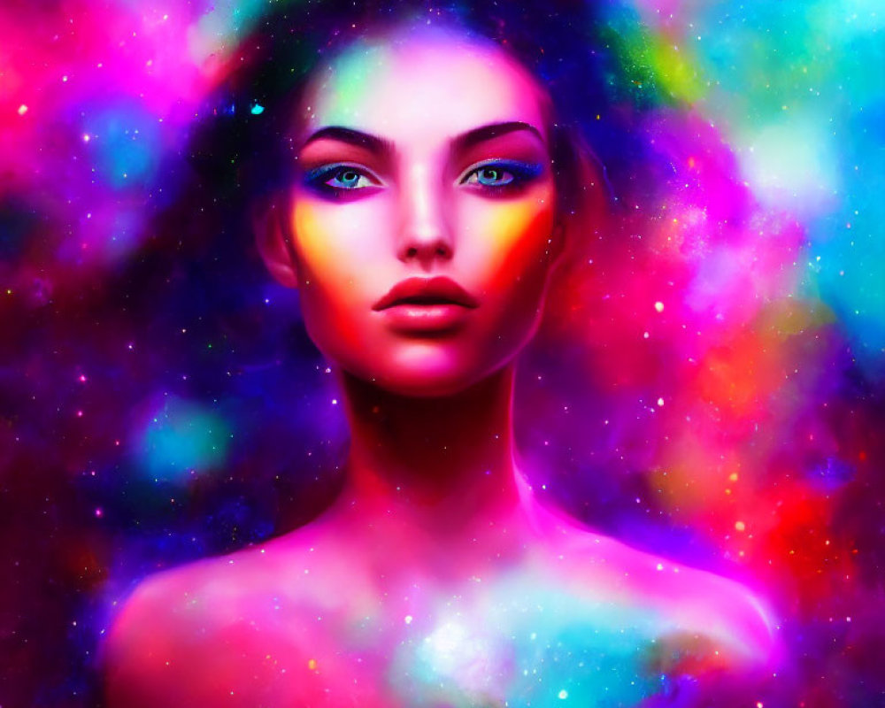 Colorful Portrait of Woman with Cosmic Starry Effect on Nebula Background