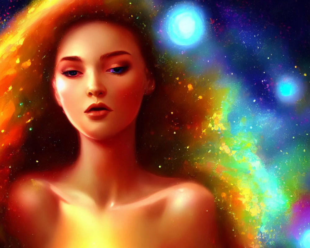 Cosmic-themed digital portrait with vibrant starry nebula colors