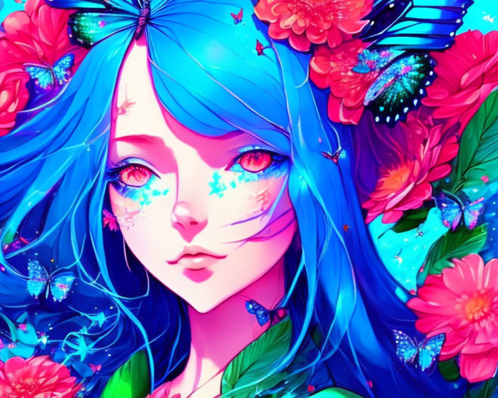 Colorful illustration of girl with blue hair, red flowers, and butterfly on blue background