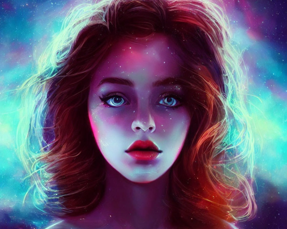 Digital artwork: Woman with blue eyes and wavy hair in cosmic scene