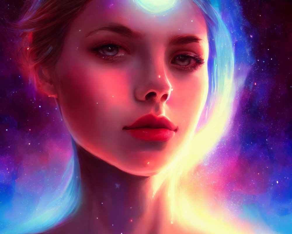 Vibrant cosmic-themed digital artwork of a woman