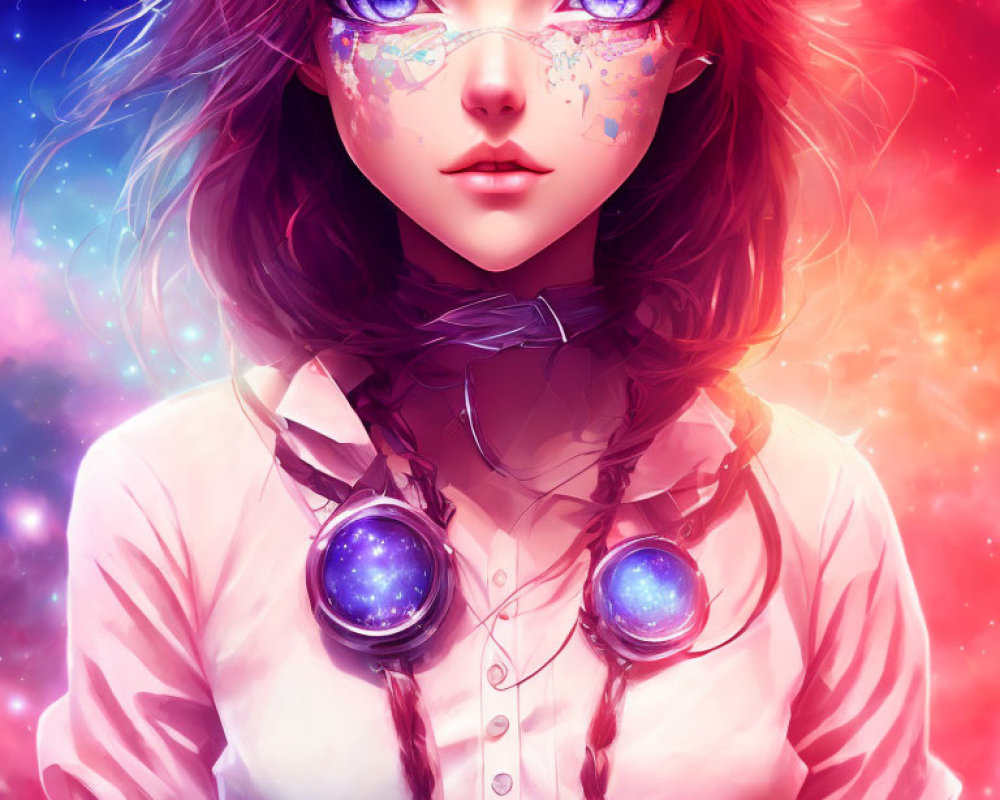 Colorful digital art: girl with purple hair, celestial headphones, galaxy face paint, red and blue