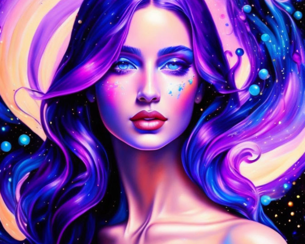 Colorful digital portrait of woman with purple hair and cosmic makeup in space.