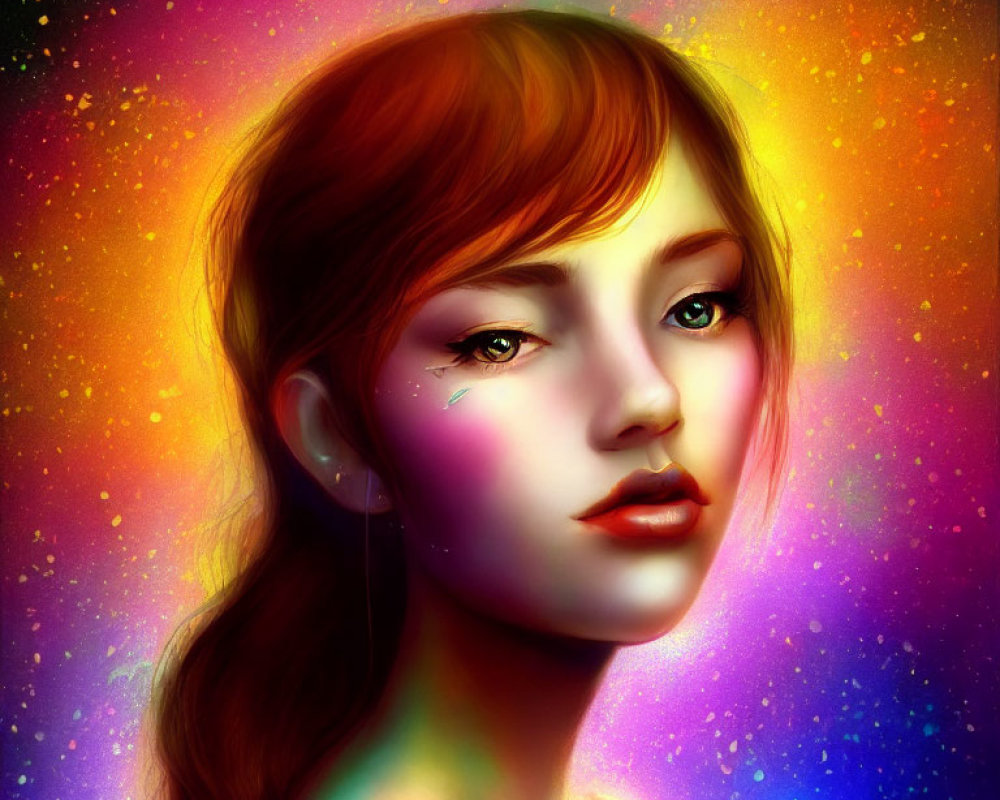 Vibrant cosmic portrait with yellow, orange, pink, and purple hues