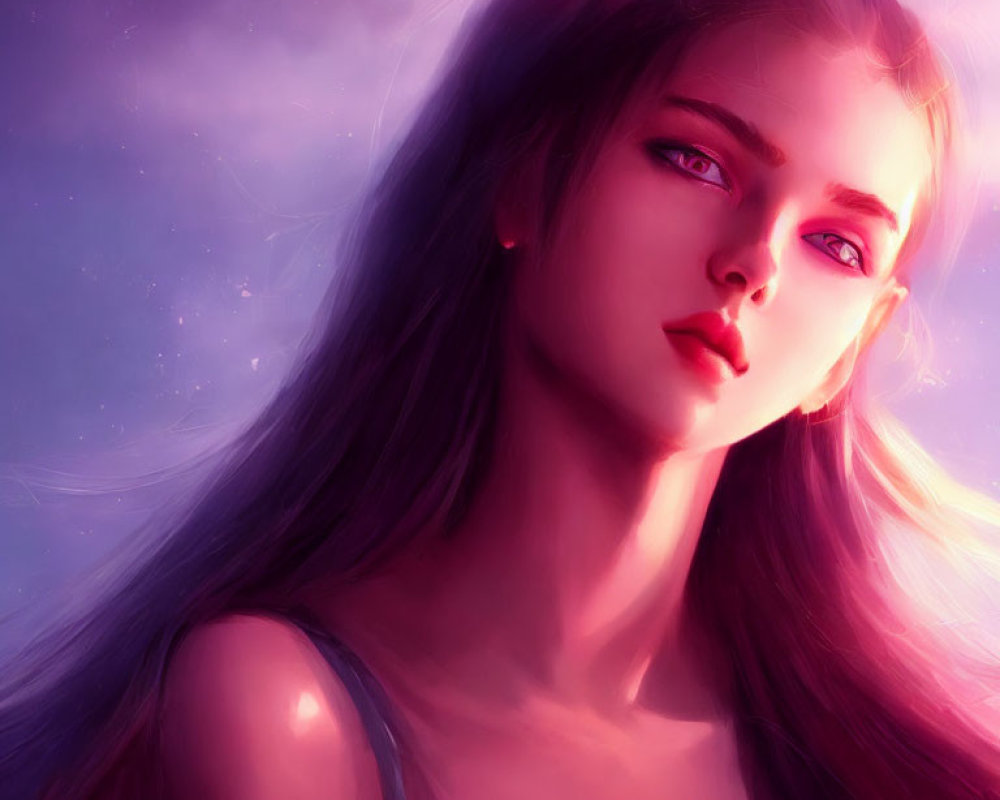 Digital artwork: Woman with flowing hair and pink eyes in purple sky