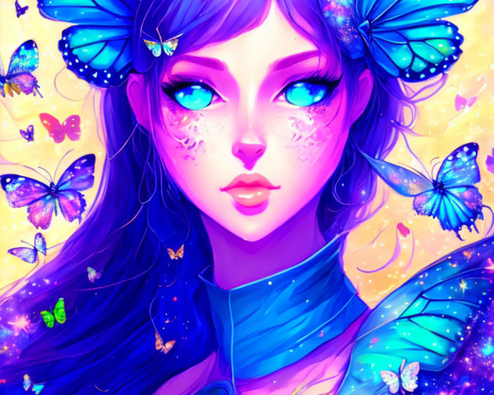 Colorful illustration of person with butterfly wings ears, surrounded by butterflies in blue and purple hues.