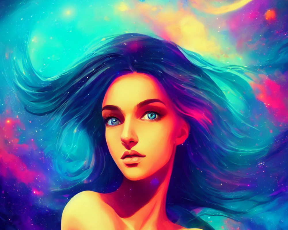 Colorful illustration of woman with blue hair in cosmic setting