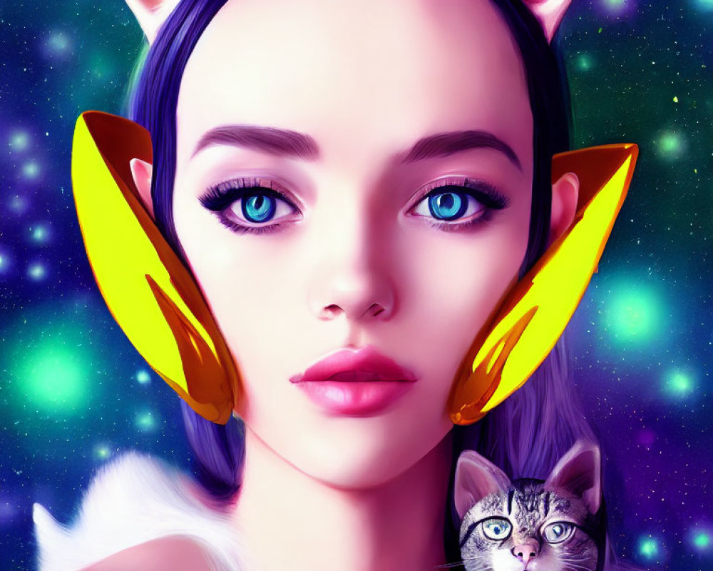 Stylized portrait of girl with cat ears and cosmic backdrop