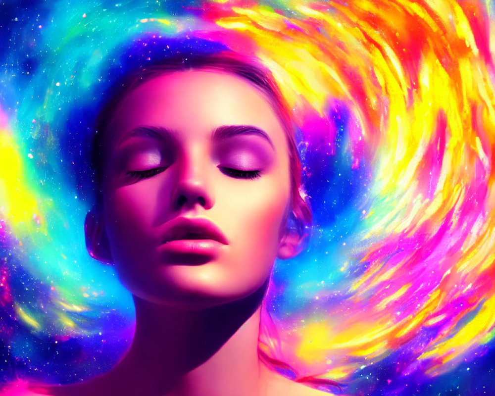 Serene woman against vibrant cosmic background