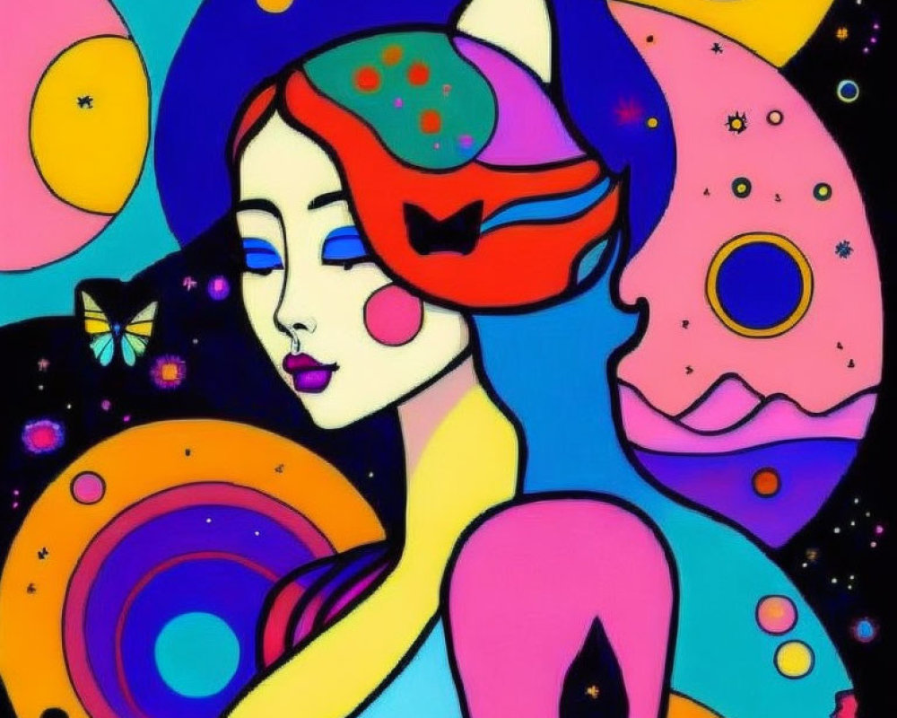 Colorful cosmic setting with stylized woman wearing cat mask and butterfly.