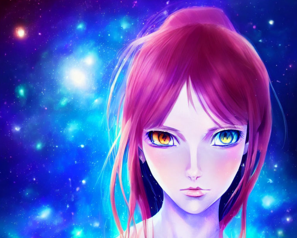 Vibrant pink hair and multicolored eyes in cosmic setting