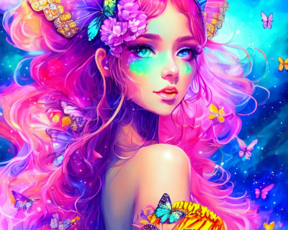 Colorful Illustration: Girl with Pink Hair and Butterfly Wings in Cosmic Scene