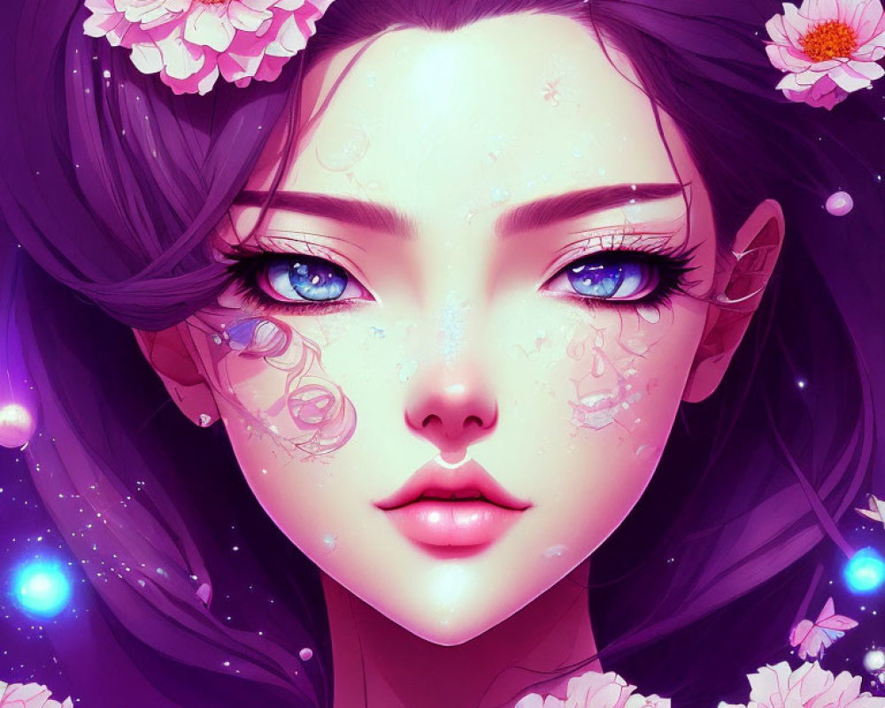 Vivid digital illustration of woman with blue eyes and purple hair