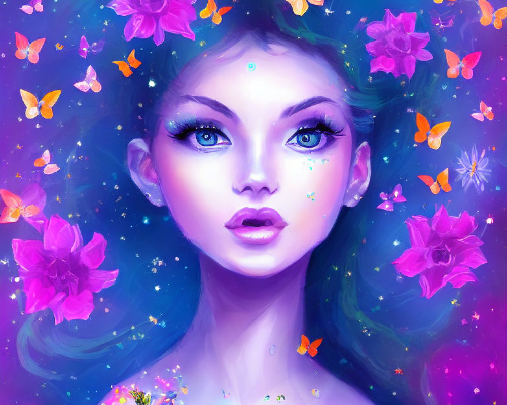 Colorful female figure with blue eyes, purple flowers, and butterflies on starry backdrop