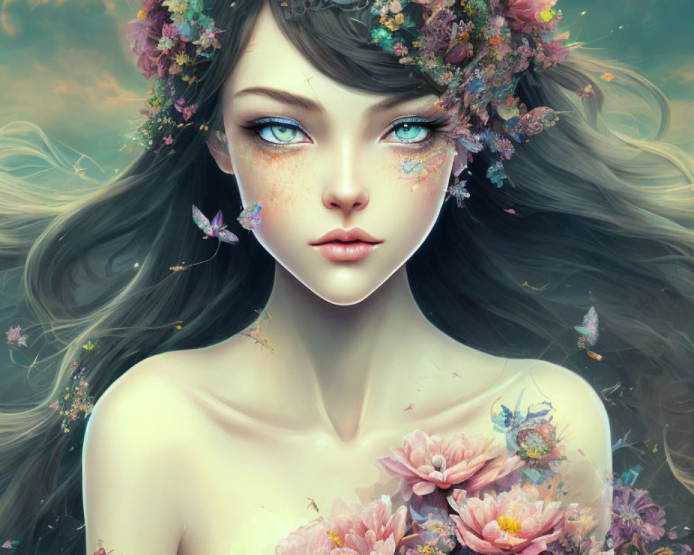 Woman with flowing hair and floral wreath in ethereal setting