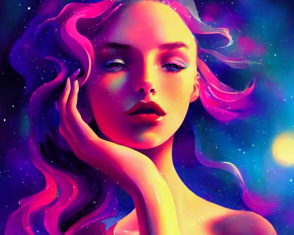 Colorful cosmic portrait of a woman with flowing hair and celestial background