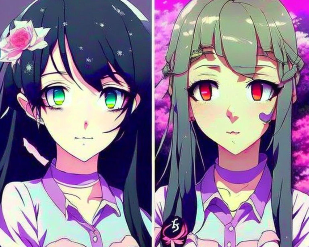 Stylized animated female characters with green eyes, one with black hair and flower decor, the other