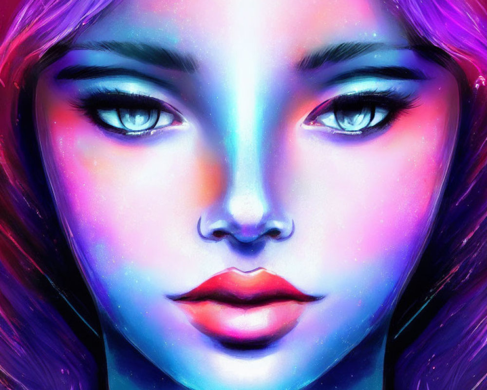 Colorful digital painting of a woman with luminous blue eyes and neon pink and blue hues