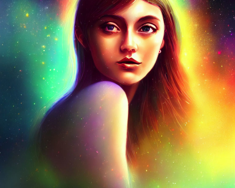 Colorful digital portrait of young woman on cosmic background