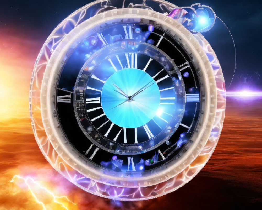 Ornate clock floating above fiery landscape with time travel elements