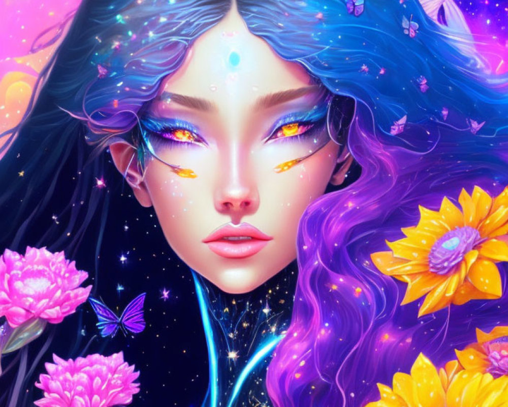 Vibrant woman illustration with blue hair and purple eyes among flowers and butterflies