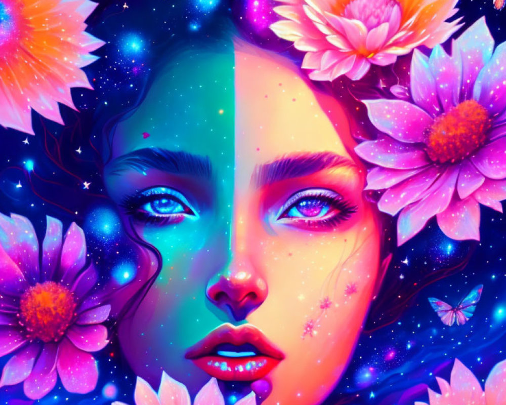 Colorful Woman's Face with Cosmic Elements and Flowers