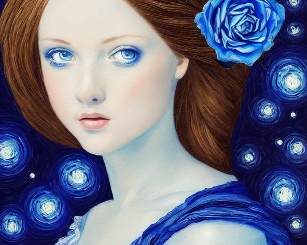 Stylized portrait of woman with red hair, blue eyes, and celestial motifs