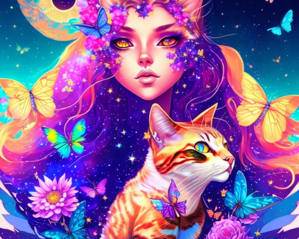 Colorful cat and cosmic woman's face surrounded by butterflies, flowers, and stars