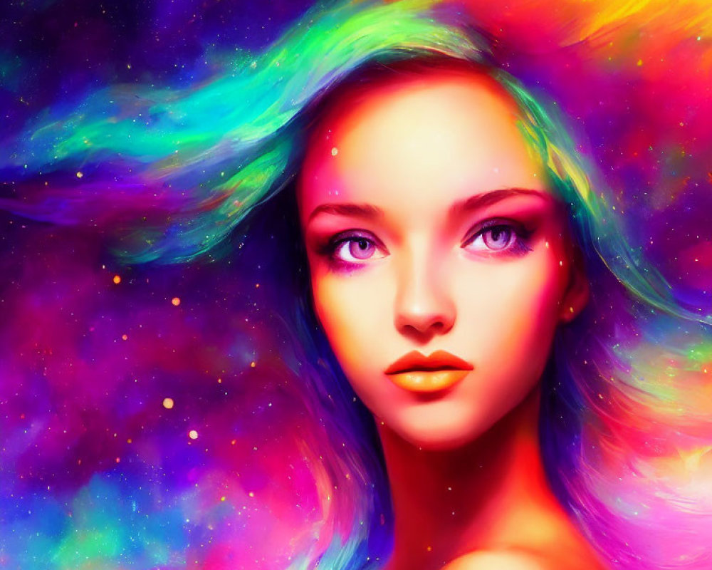 Colorful Hair Woman Portrait Blending with Cosmic Galaxy Background