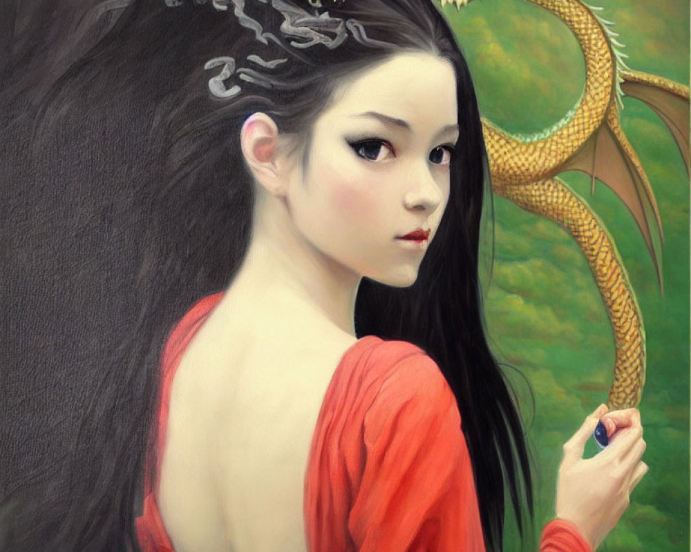 Portrait of Woman in Red Garment with Golden Dragon on Green Background