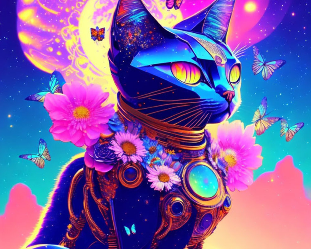 Colorful Robotic Cat with Floral Decor on Cosmic Background